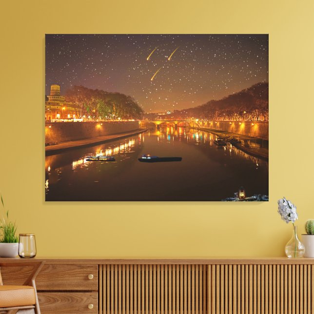 Bridge on Tiber at night with boats and stars Canvas Print (Insitu(LivingRoom))