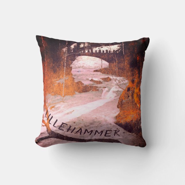 Bridge Over a Frozen Stream in Lillehammer Throw Pillow (Front)