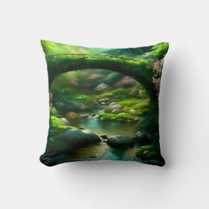 Bridge over a stream in the forest. 1 throw pillow