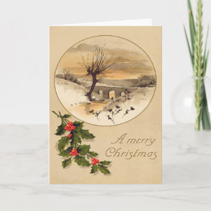 Bridge Snow Wintry Scene Holly Holiday Card