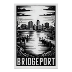 Bridgeport Connecticut Skyline Black White Woodcut Poster