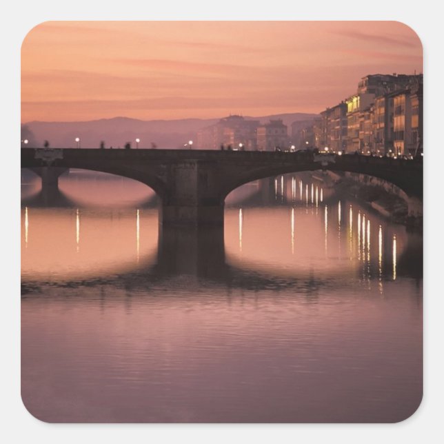 Bridges over the Arno River at sunset, 2 Square Sticker (Front)