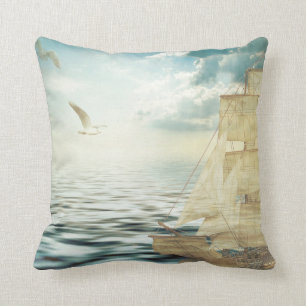 Brigantine Saiboat and Seagulls Throw Pillow