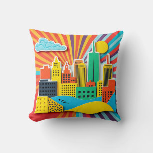 Bright 1960s Style Cityscape Collage Throw Pillow