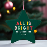 Bright 1 photo green fun modern Christmas family  Ceramic Ornament<br><div class="desc">Bright colourful green fun modern 1 photo Christmas family all is bright ornament</div>