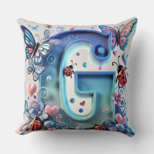 Bright 3D Letter G With Butterflies, Ladybugs Throw Pillow