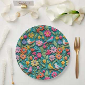 Bright 3D Play Dough Style Flowers And Birds Paper Plate