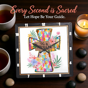 Bright Abstract Floral He Is Risen Cross Square Wall Clock