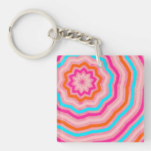 Bright Abstract Fun Flower in Orange Pink Teal Keychain
