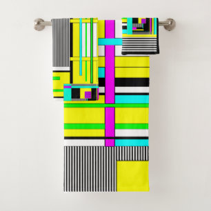 Bright abstract geometric neon pattern throw pillo bath towel set