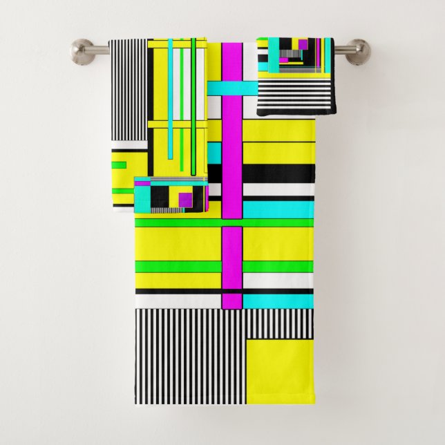 Bright abstract geometric neon pattern throw pillo bath towel set (Insitu)