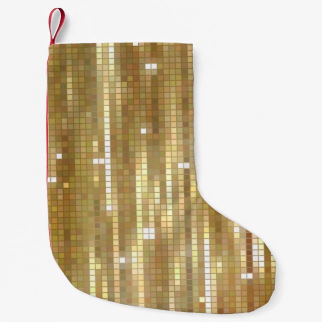 Bright abstract mosaic golden background with glos small christmas stocking (Front)