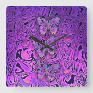 Bright Abstract Purple Butterflies Art Square Wall Clock