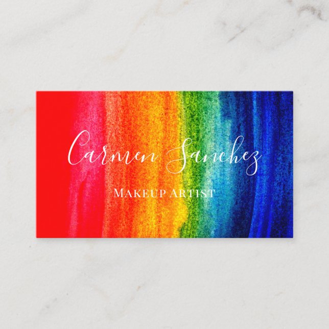 Bright Abstract Watercolor Rainbow Makeup Artist Business Card (Front)