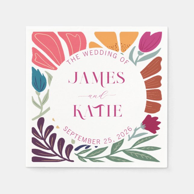 Bright and Bold Colourful Retro Floral Wedding Napkin (Front)