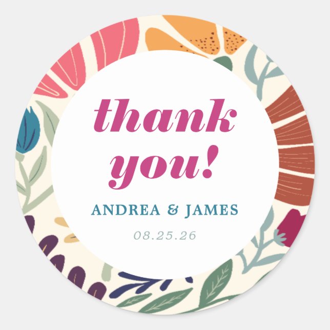 Bright and Bold Floral Wedding Retro Thank You Classic Round Sticker (Front)
