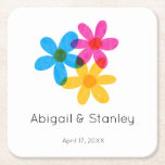 Bright and Bold Hippie Flowers Spring Wedding Square Paper Coaster<br><div class="desc">These personalized coasters offer a modern take on retro style with hippie daisy flowers in bright yellow, blue and magenta pink. The hand drawn graphics are designed to imitate classic risograph style printing. These paper coasters are ready to be personalized with the names of the bride and groom and their...</div>
