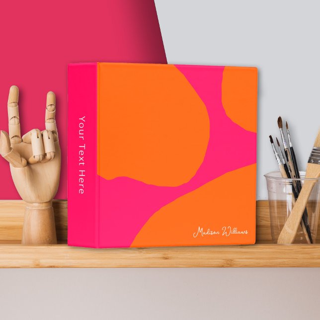 Bright and Bold Hot Pink and Orange Abstract Binder (Personalize this bright and bold 3-ring-binder with your name and other text.)