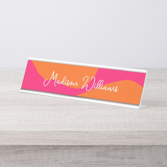 Bright and Bold Hot Pink and Orange Abstract Desk Name Plate (Front)