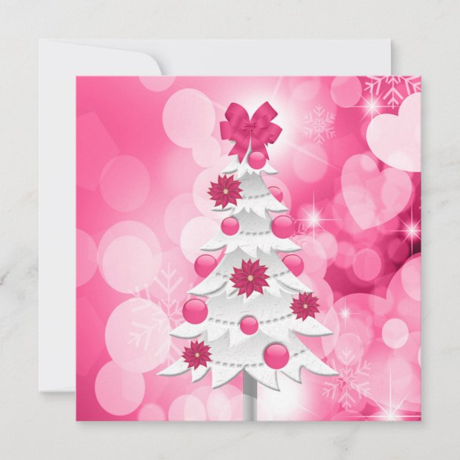 Bright and Bold Pink Christmas with White Tree Holiday Card (Front)