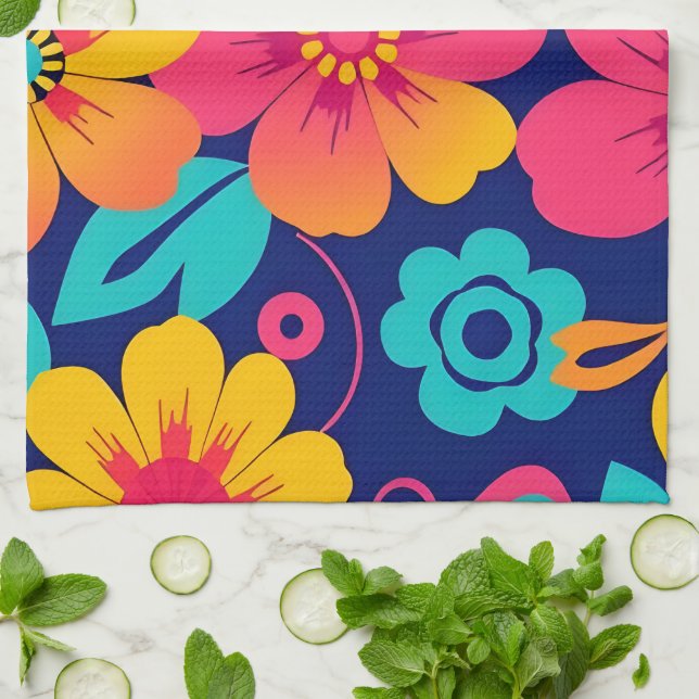 Bright and Bold Retro Flowers-Dopamine Style Kitchen Towel (Folded)
