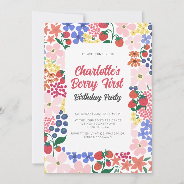 Bright and Bold Strawberry First Birthday Editable Invitation (Front)