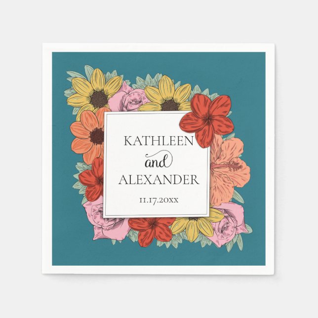 Bright and Bold Teal Blue Floral Wedding Napkin (Front)