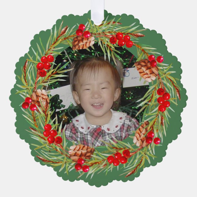Bright and Cheerful Wreath - Your Photo  Ornament Card (Front)