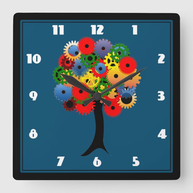 Bright and Colorful Mechanical Gear Tree Square Wall Clock (Front)