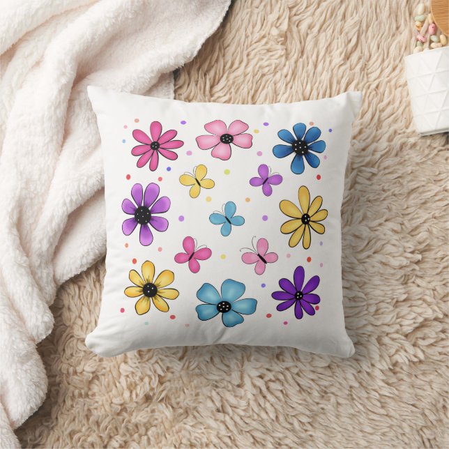 Bright and Colourful Flowers and Butterflies Throw Pillow (Blanket)