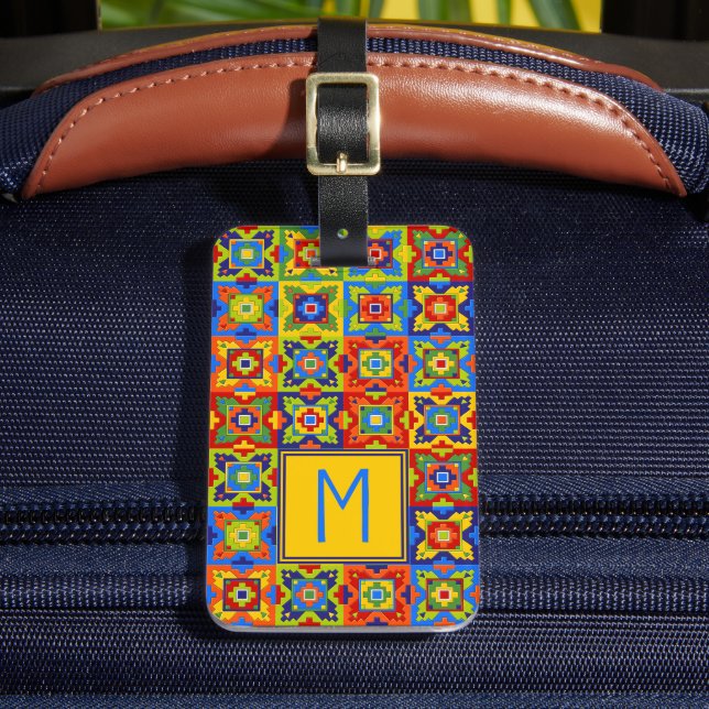 Bright and Colourful Geometric Tile Monogram Luggage Tag (Front Insitu 2)