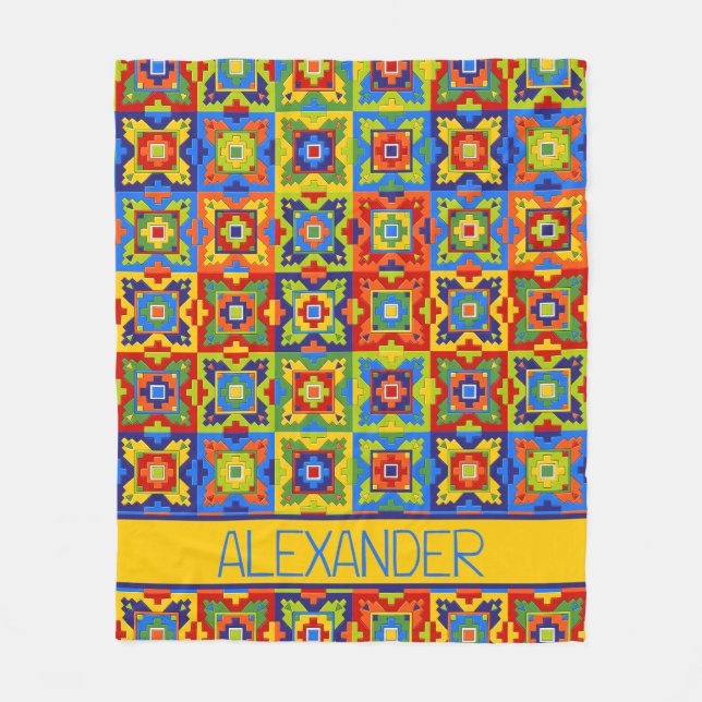 Bright and Colourful Geometric Tile Personalized Fleece Blanket (Front)