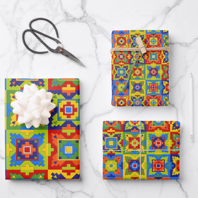 Bright and Colourful Geometric Tile Wrapping Paper Sheet (Front)