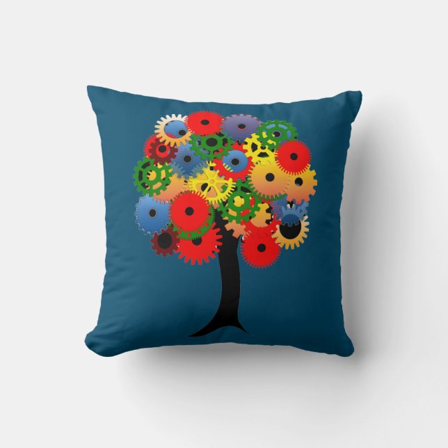 Bright and Colourful Mechanical Gear Tree Throw Pillow (Front)