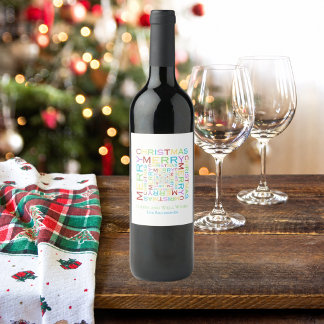 Bright and Colourful Merry Christmas Typography  Wine Label