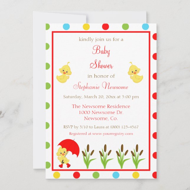 Bright and Colourful Polka Dots Baby Shower Ducks Invitation (Front)