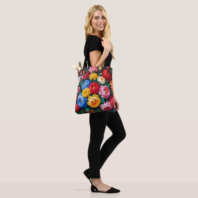 Bright and colourful roses tote bag (On Model)