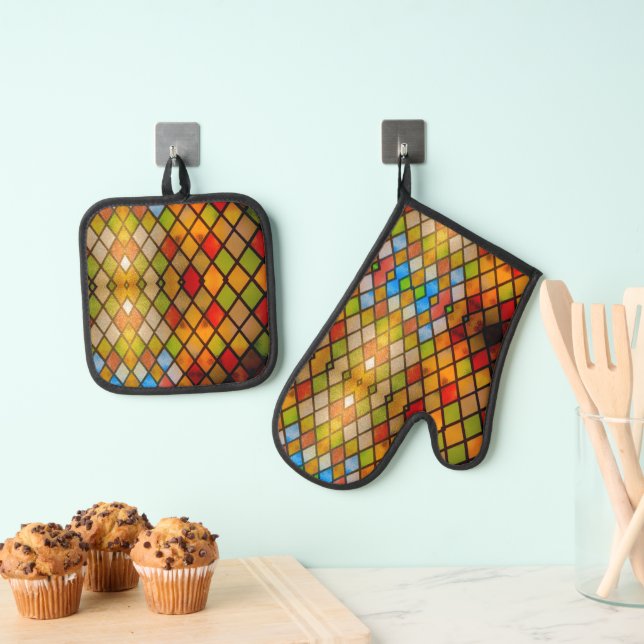 Bright and Colourful Stained Glass Pattern  Oven Mitt & Pot Holder Set (Insitu(Hanging))