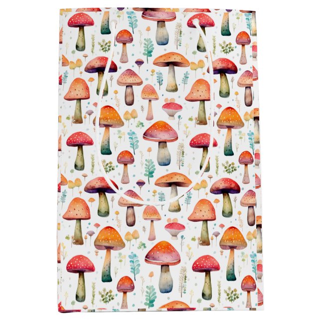 Bright and Colourful Watercolor Mushroom Pattern Medium Gift Bag (Front)