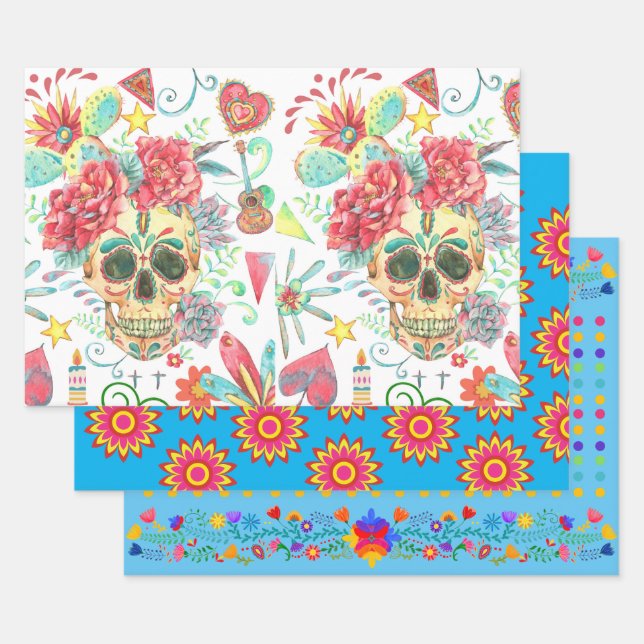 Bright and Fun Fiesta Colours with Sugar Skulls Wrapping Paper Sheet (Set)