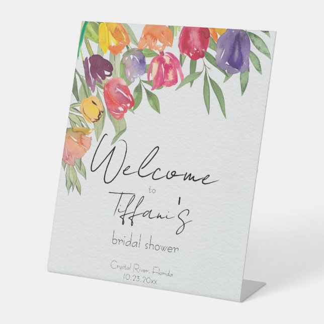 Bright and Fun Tulips Bridal Shower Pedestal Sign (Front)