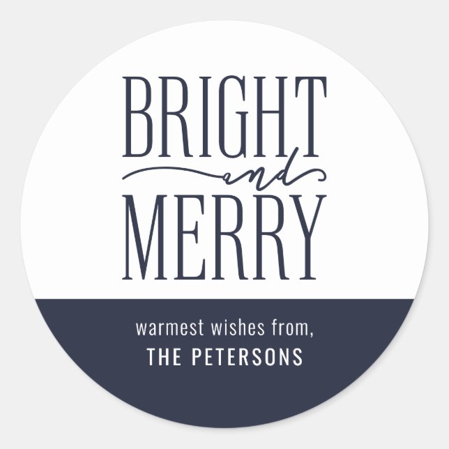 Bright and Merry Modern Festive Navy Blue Holiday Classic Round Sticker (Front)
