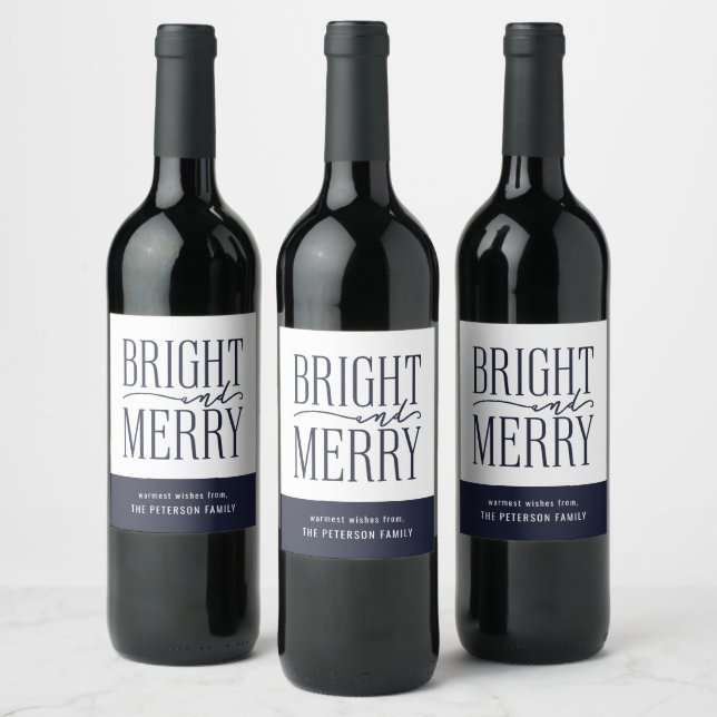 Bright and Merry Modern Holiday Navy Blue Wine Label (Bottles)