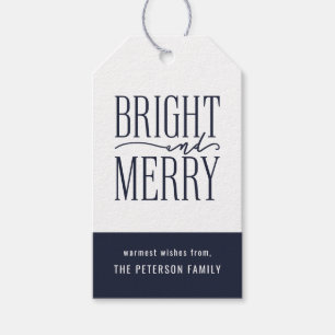 Bright and Merry Modern Navy Blue Holiday Gift Tags