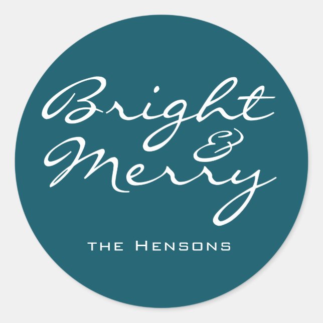Bright and Merry Script Blue Green Name Christmas Classic Round Sticker (Front)