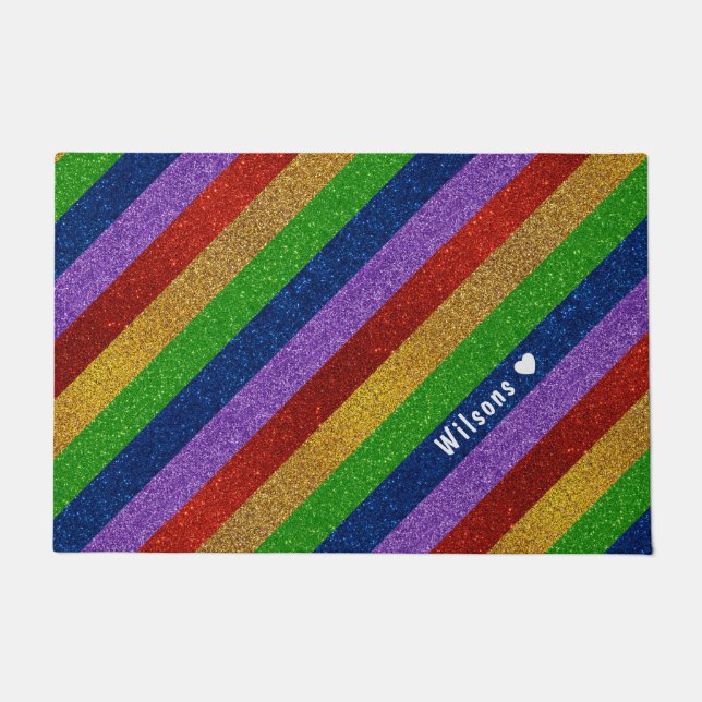 Bright and Sparkly Rainbow Faux Glitter Striped Doormat (Front)