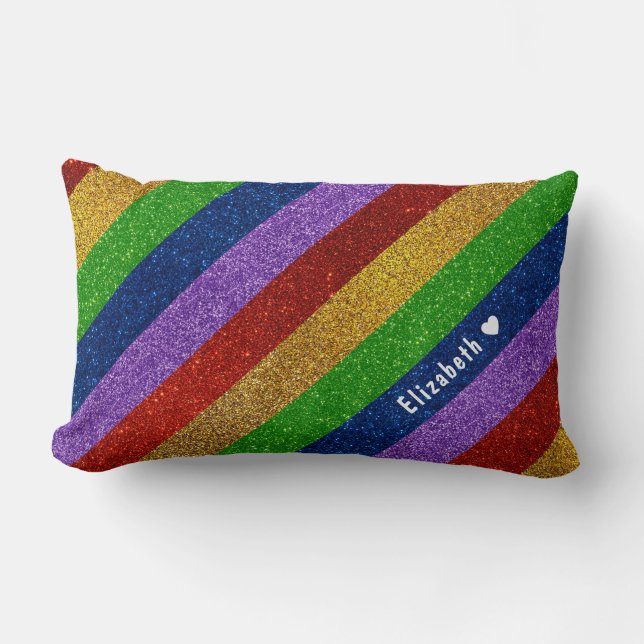 Bright and Sparkly Rainbow Faux Glitter Striped Lumbar Pillow (Front)