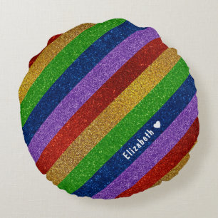Bright and Sparkly Rainbow Faux Glitter Striped Round Pillow