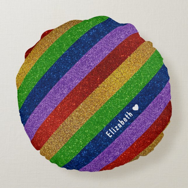 Bright and Sparkly Rainbow Faux Glitter Striped Round Pillow (Back)