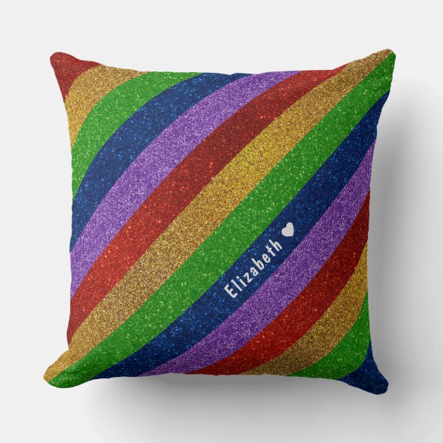  Bright and Sparkly Rainbow Faux Glitter Striped Throw Pillow (Front)
